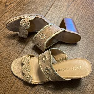 Jack Rogers Cork and Gold Chunky Block Caroline Mid Heels